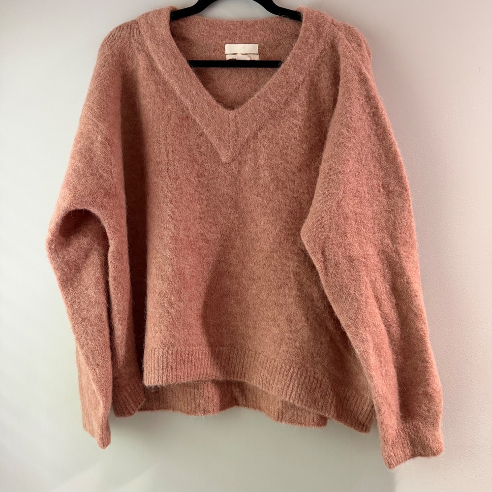 H&M Alpaca Wool Blend Sweater Womens Large Rose Pink Excellent V-Neck Fuzzy